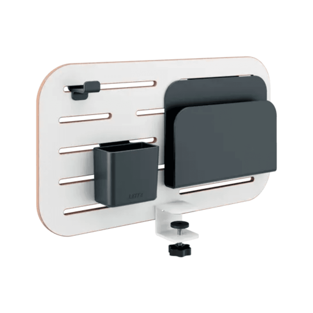 Kit organizator LEITZ Ergo, pt. birou (max.3.5 cm), 42x25 cm, include 3 suporti pt. accesorii, alb