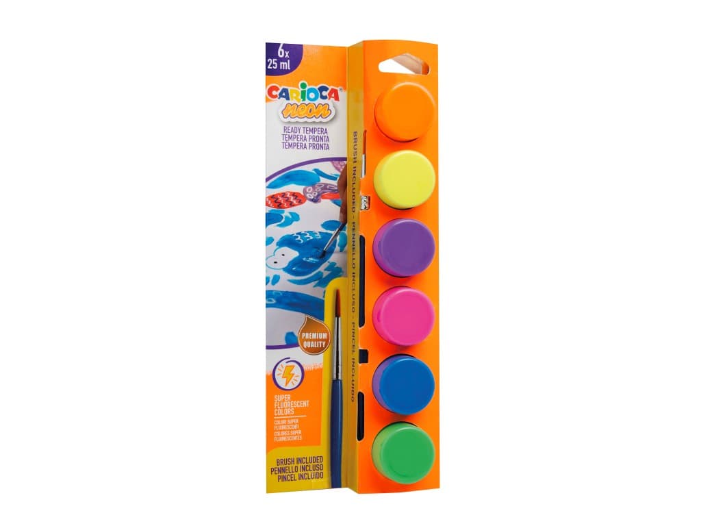 Acuarele tempera Carioca Neon 6 culori x 25 ml + pensulă pe blister