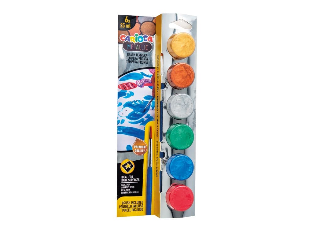 Acuarele tempera Carioca Metalic 6 culori x 25 ml + pensulă pe blister
