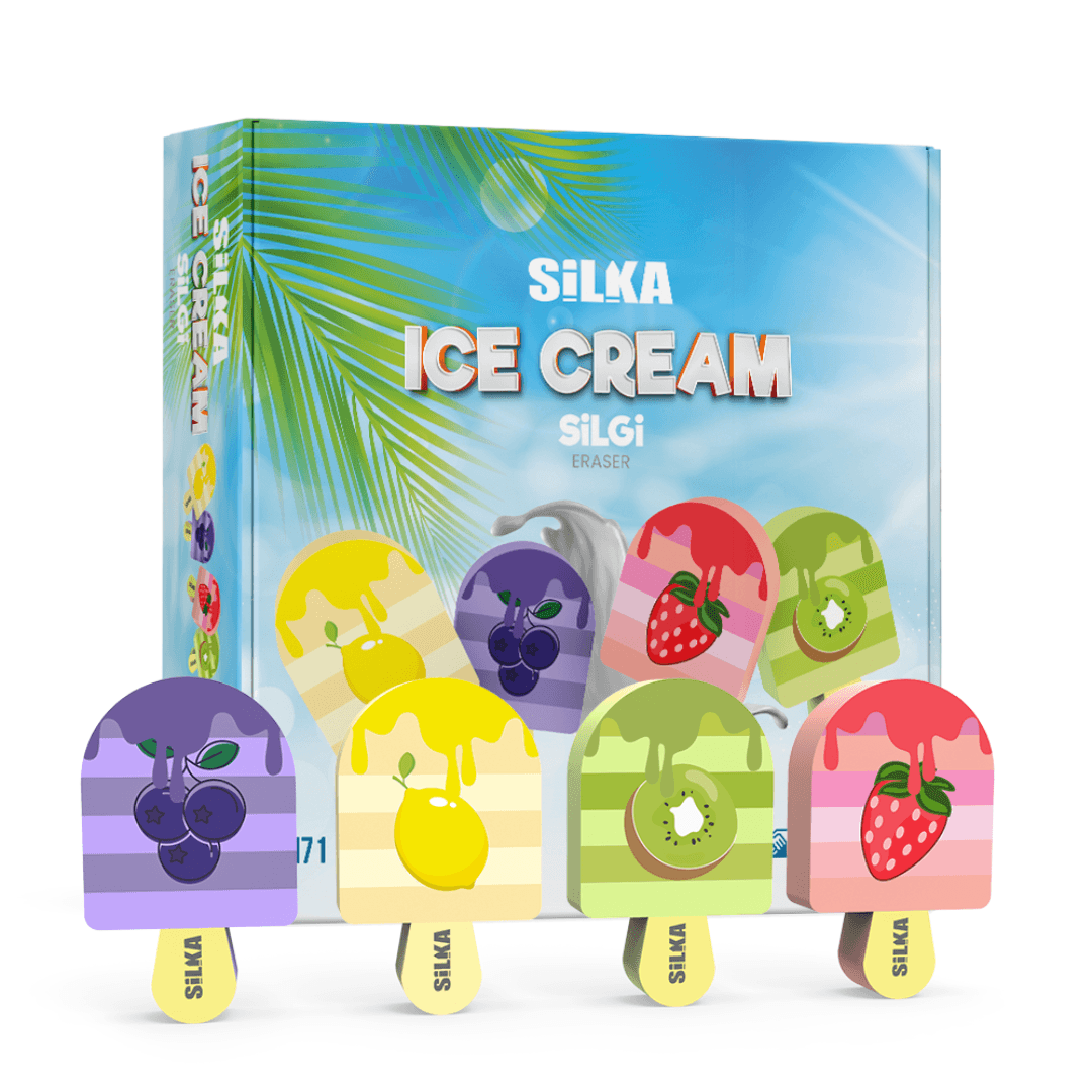 Cutie cu radiere pt creion, nu lasa reziduuri, 36buc/cutie, SILKA Ice Cream-design inghetata cu fruc