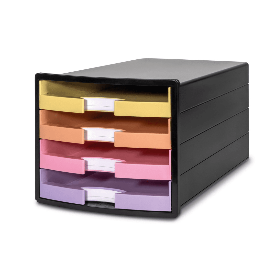 Suport plastic cu 4 sertare pt. documente, HAN Impuls 2.0 (open) - negru - sertare culori pastel