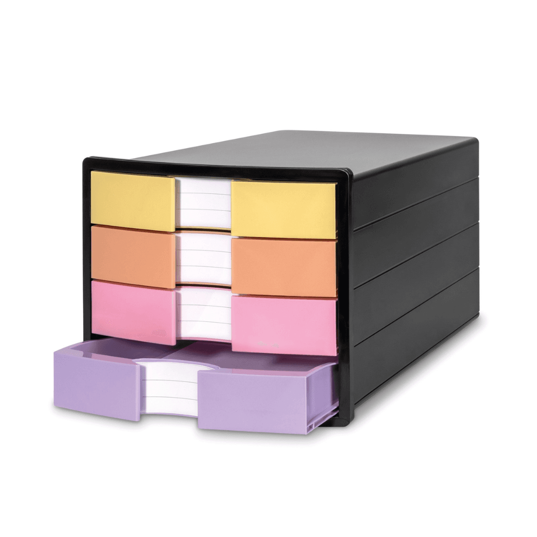 Suport plastic cu 4 sertare pt. documente, HAN Impuls 2.0 - negru - sertare culori pastel