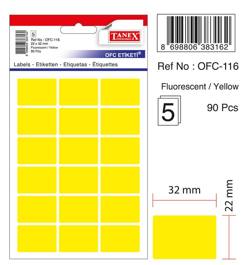 Etichete autoadezive, 22 x 32 mm, 90 buc/set, TANEX, galben fluorescent