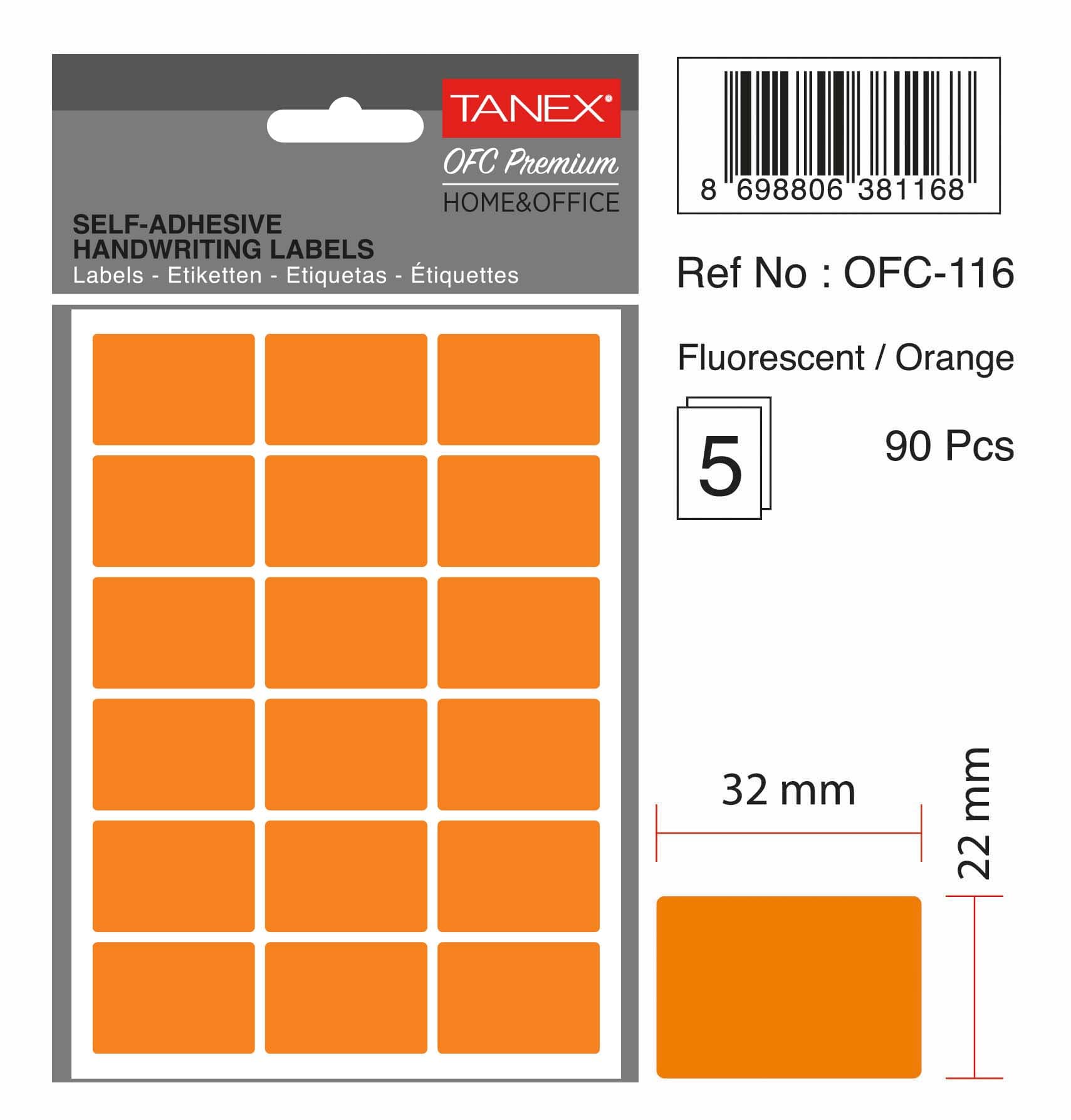 Etichete autoadezive, 22 x 32 mm, 90 buc/set, TANEX, portocaliu fluorescent