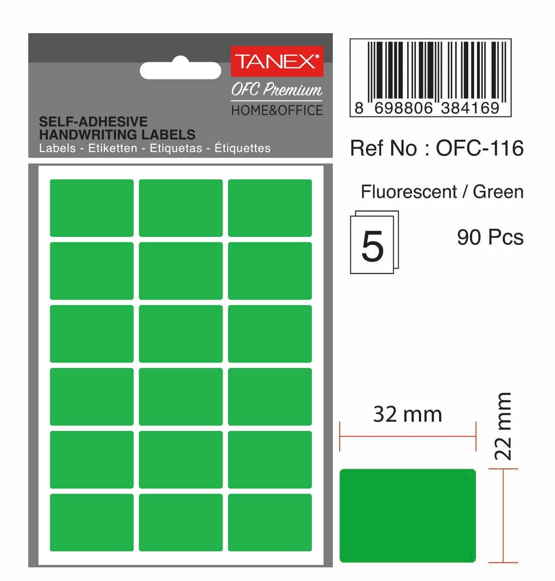 Etichete autoadezive, 22 x 32 mm, 90 buc/set, TANEX, verde fluorescent