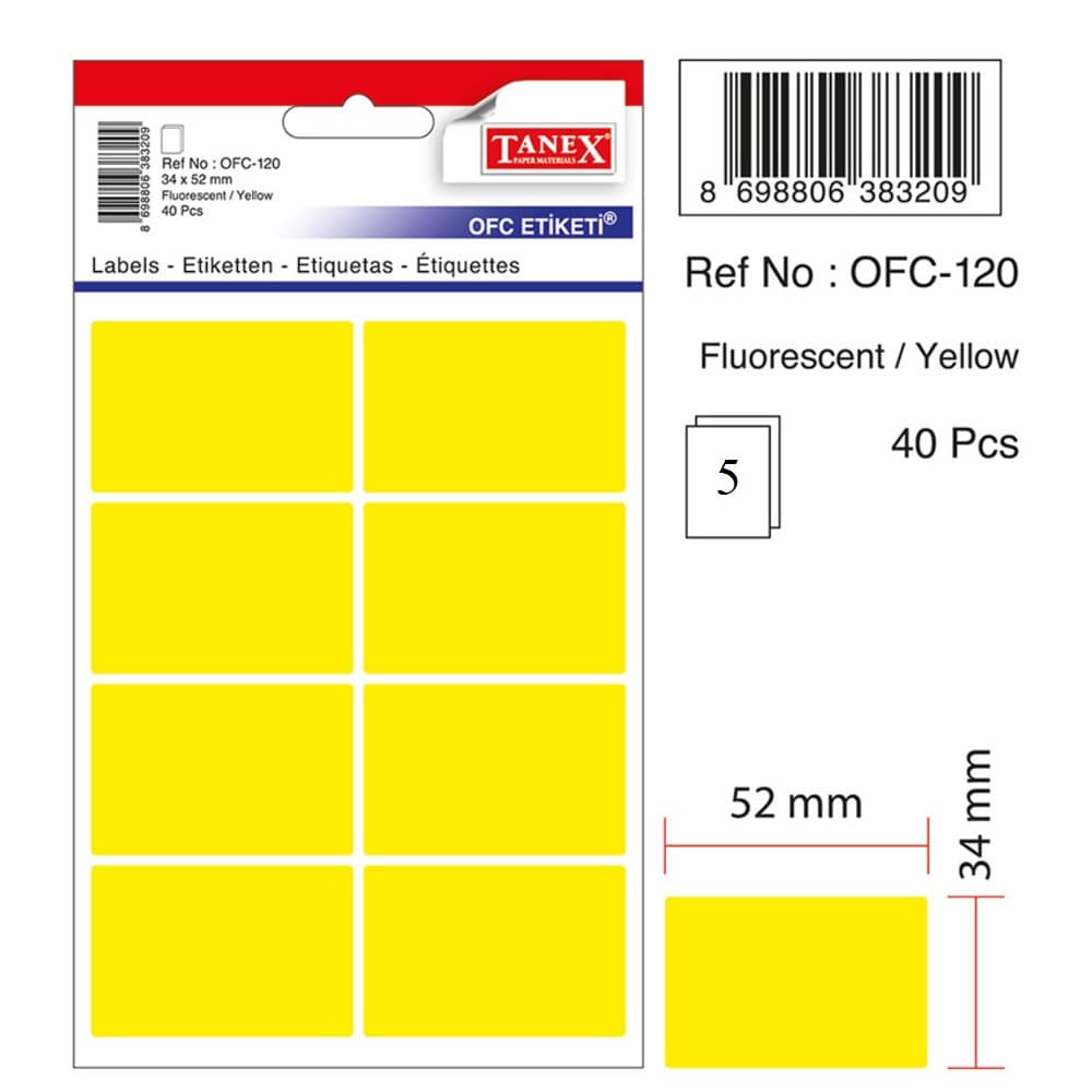 Etichete autoadezive, 34 x 52 mm, 40 buc/set, TANEX, galben fluorescent