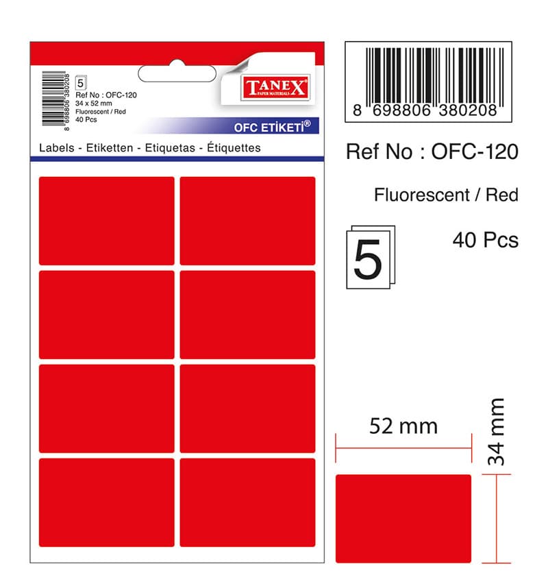 Etichete autoadezive, 34 x 52 mm, 40 buc/set, TANEX, rosu fluorescent