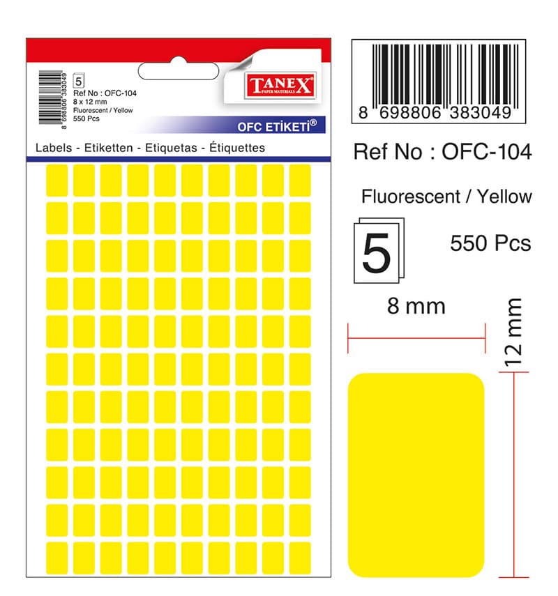 Etichete autoadezive, 8 x 12 mm, 550 buc/set, TANEX, galben fluorescent