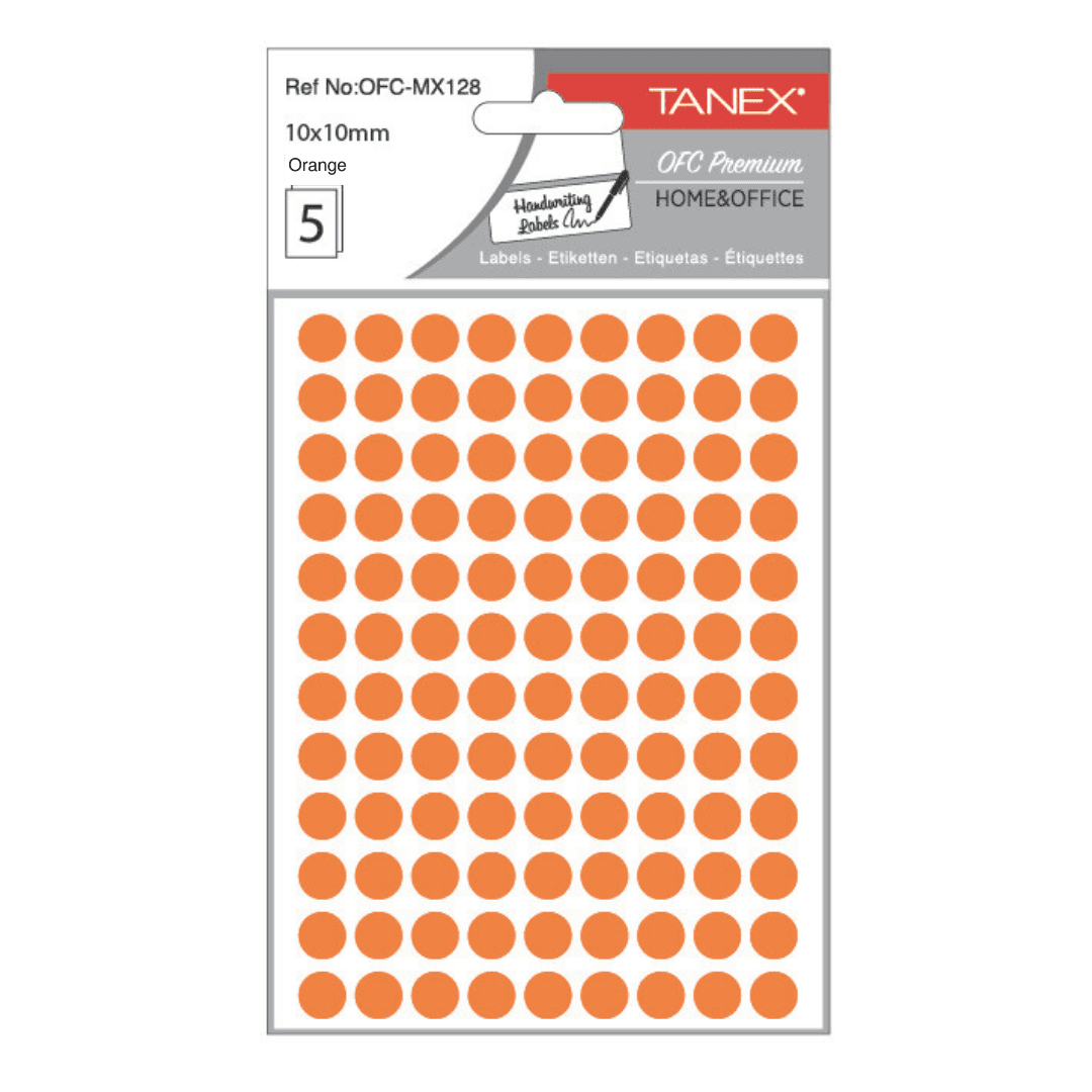 Etichete autoadezive rotunde, D10 mm, 540 buc/set, TANEX, portocaliu