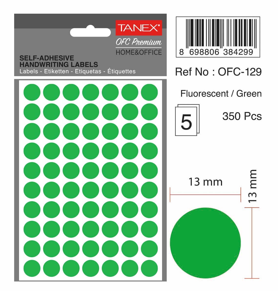 Etichete autoadezive rotunde, D13 mm, 350 buc/set, TANEX, verde