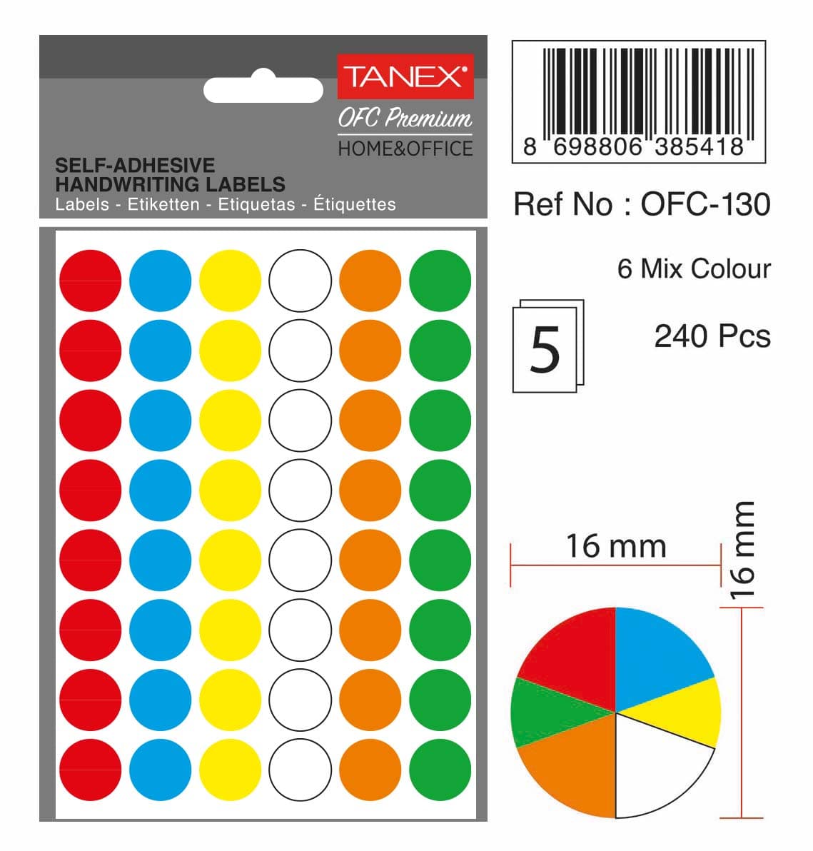 Etichete autoadezive rotunde, D16 mm, 240 buc/set, TANEX, culori fluorescente asortate