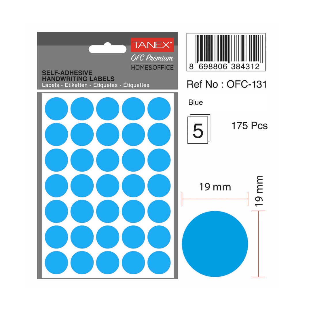 Etichete autoadezive rotunde, D19 mm, 175 buc/set, TANEX, albastru