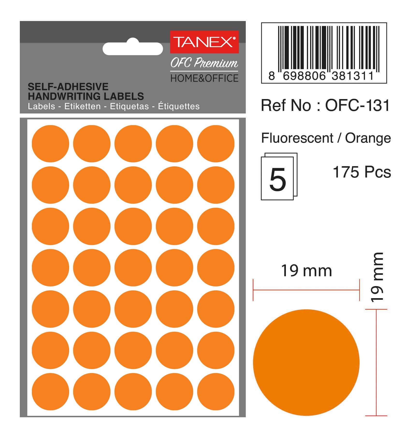 Etichete autoadezive rotunde, D19 mm, 175 buc/set, TANEX, portocaliu