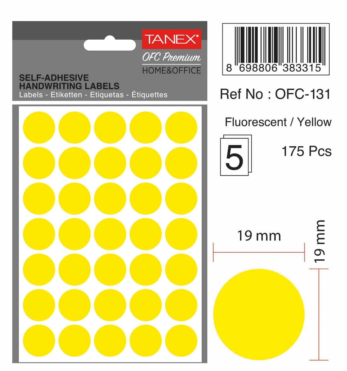 Etichete autoadezive rotunde, D19 mm, 175 buc/set, TANEX, galben