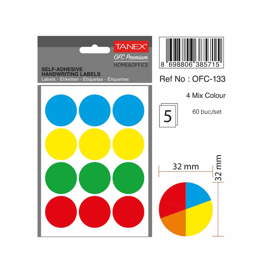 Etichete autoadezive rotunde, D32 mm, 60 buc/set, TANEX, culori fluorescente asortate