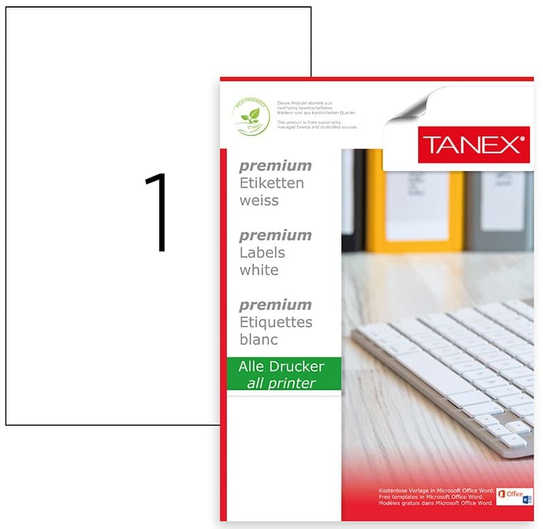 Etichete polyester albe, autoadezive, 1/A4, 210 x 297mm, 25 coli/top, TANEX - colturi drepte