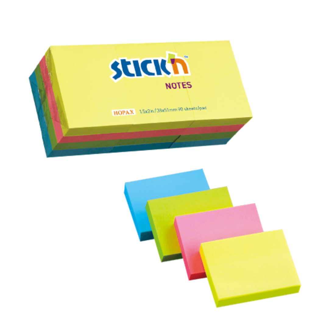 Notes autoadeziv 38 x 51 mm, 12 x 100 file/set, Stick'n - 4 culori fosforescente