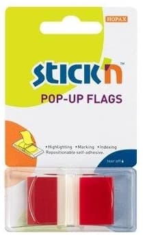Film index autoadeziv 45 x 25mm, 50 file/set, cu dispenser, Stick'n Pop-up - transparent/rosu