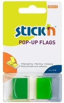 Film index autoadeziv 45 x 25mm, 50 file/set, cu dispenser, Stick'n Pop-up - transparent/verde