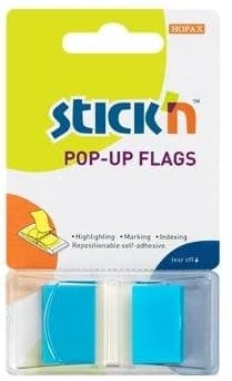 Film index autoadeziv 45 x 25mm, 50 file/set, cu dispenser, Stick'n Pop-up - transparent/albastru