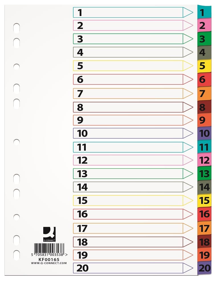 Index carton alb Mylar numeric 1-20, margine PP color, A4, 170g/mp, Q-Connect