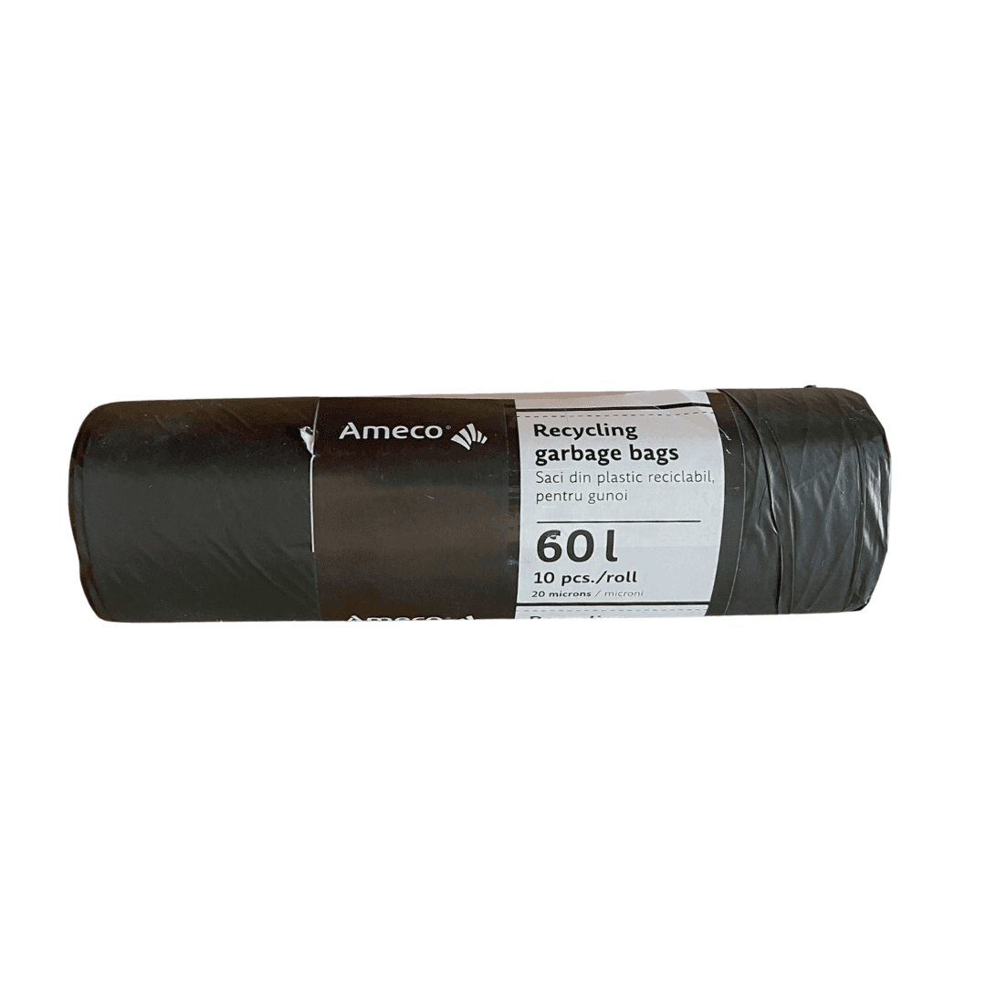 Saci Menajeri Negri AMECO 60L (60x72 cm), 20 Microni - Plastic Reciclabil, Rola 10 Bucati
