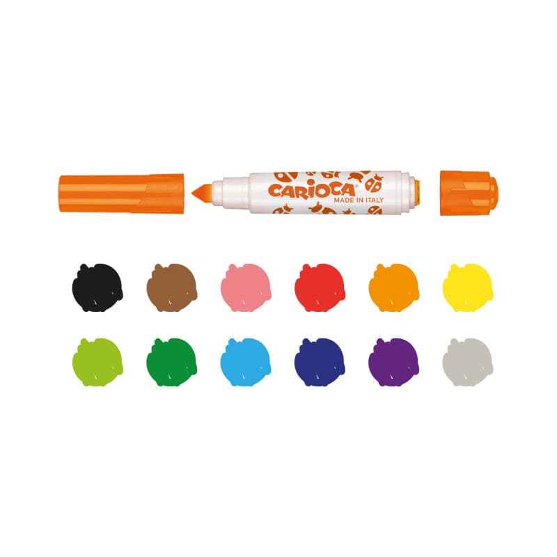 Set 6 markere lavabile, cu 6 stampile diverse forme, cutie carton, CARIOCA Stamperello