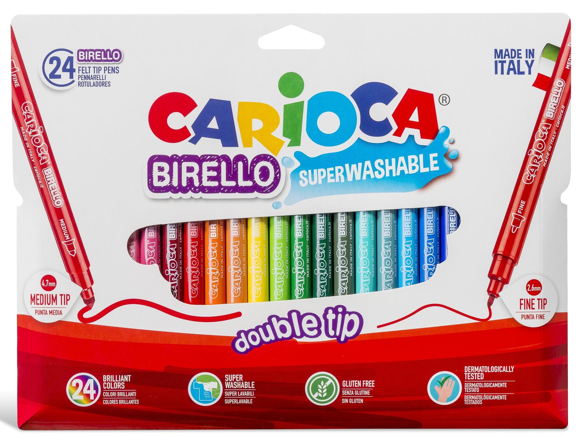 Carioca super lavabila, cu 2 capete, varf subtire/gros, 24 culori/cutie, CARIOCA Birello