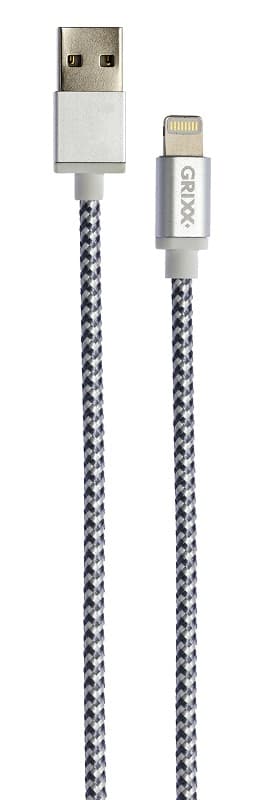 Cablu date GRIXX - 8-pin to USB Apple MFI License, impletit, lungime 1m - gri/alb