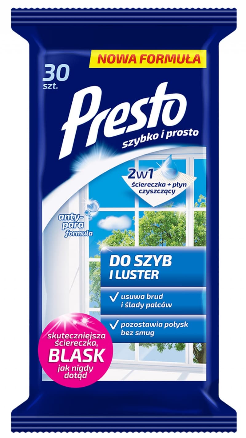 Servetele umede pentru geamuri si oglinzi, 30 buc/pachet, Presto - efect antistatic si antiaburire