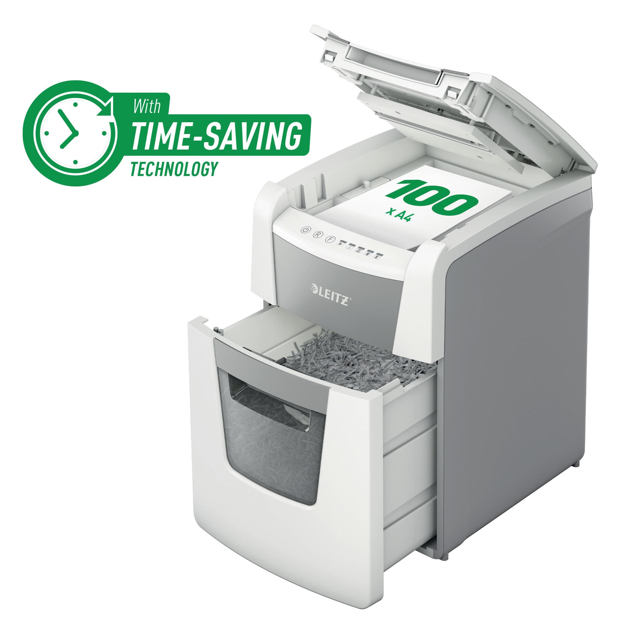 Distrugator documente automat LEITZ IQ Small Office, P4, cross-cut (confeti), 100 coli, cos 34l, alb
