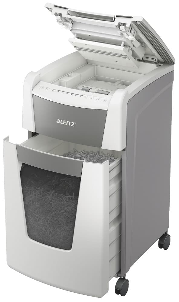 Distrugator documente automat LEITZ IQ Office, P4, cross-cut (confeti), 300 coli, cos 60l, alb-gri