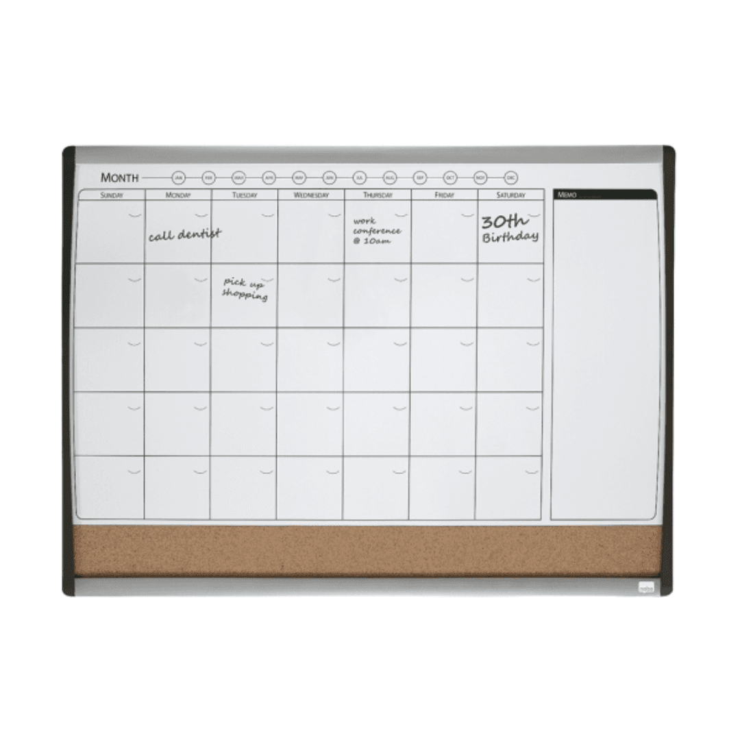 Organizator NOBO Combo, lunar, magnetic si pluta, 58.5x43 cm + marker, burete si magneti, negru