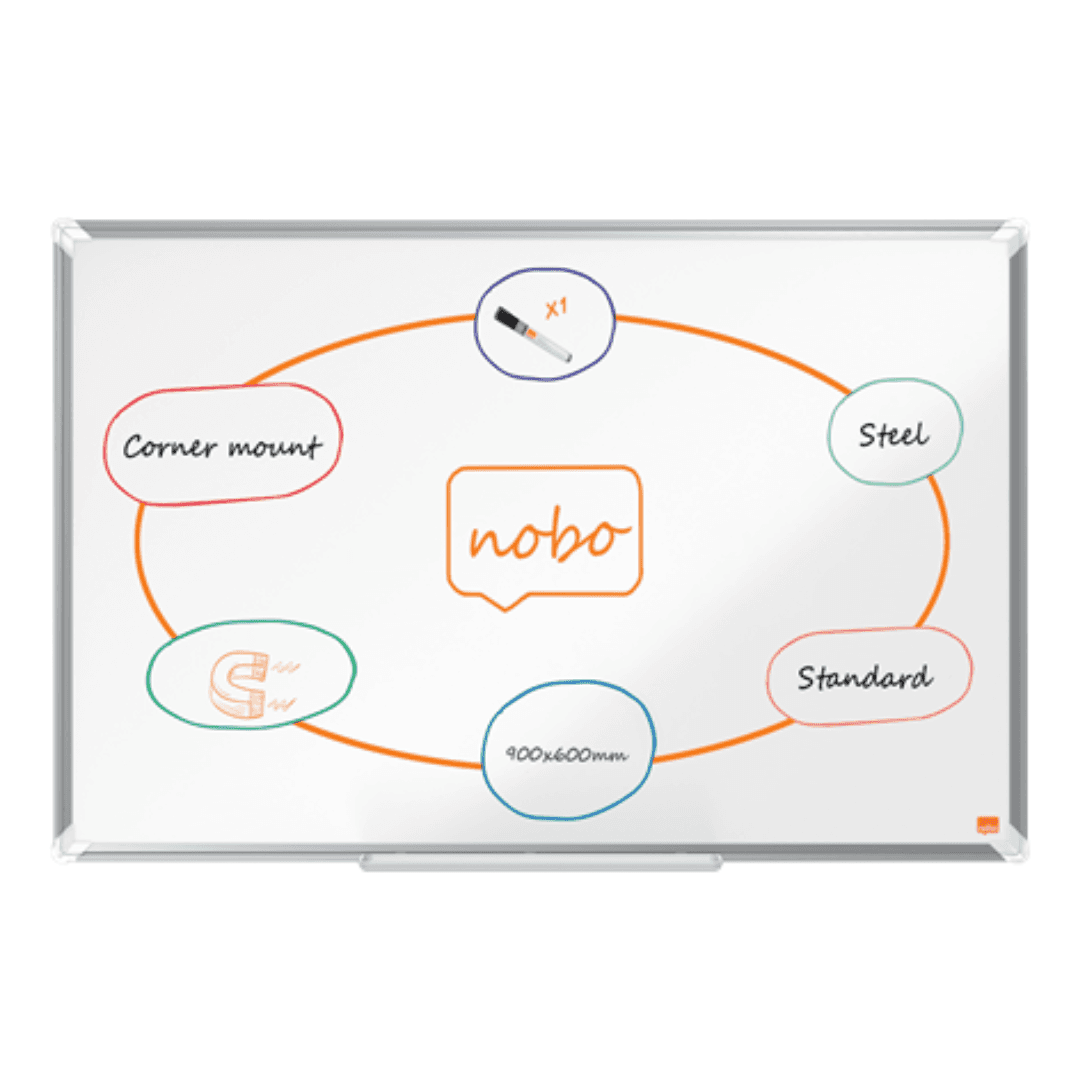 Tabla NOBO Premium Plus, otel lacuit, 90x60 cm, magnetica, include marker si tavita, alb