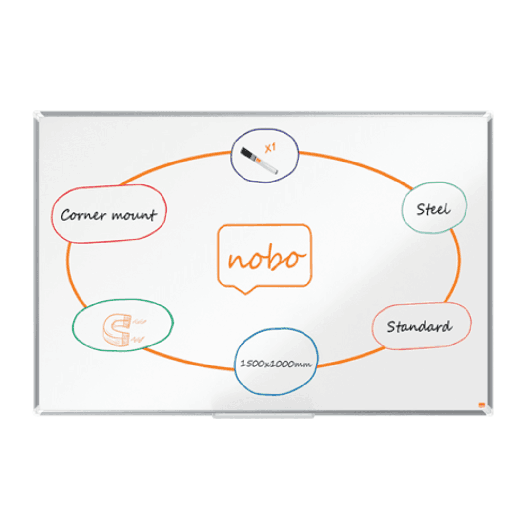 Tabla NOBO Premium Plus, otel lacuit, 150x100 cm, magnetica, include marker si tavita, alb