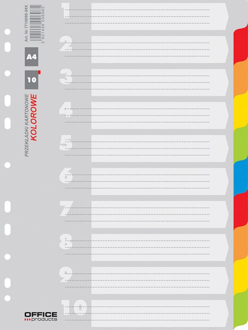 Separatoare carton color, A4, 170g/mp, 10 culori/set, Office Products