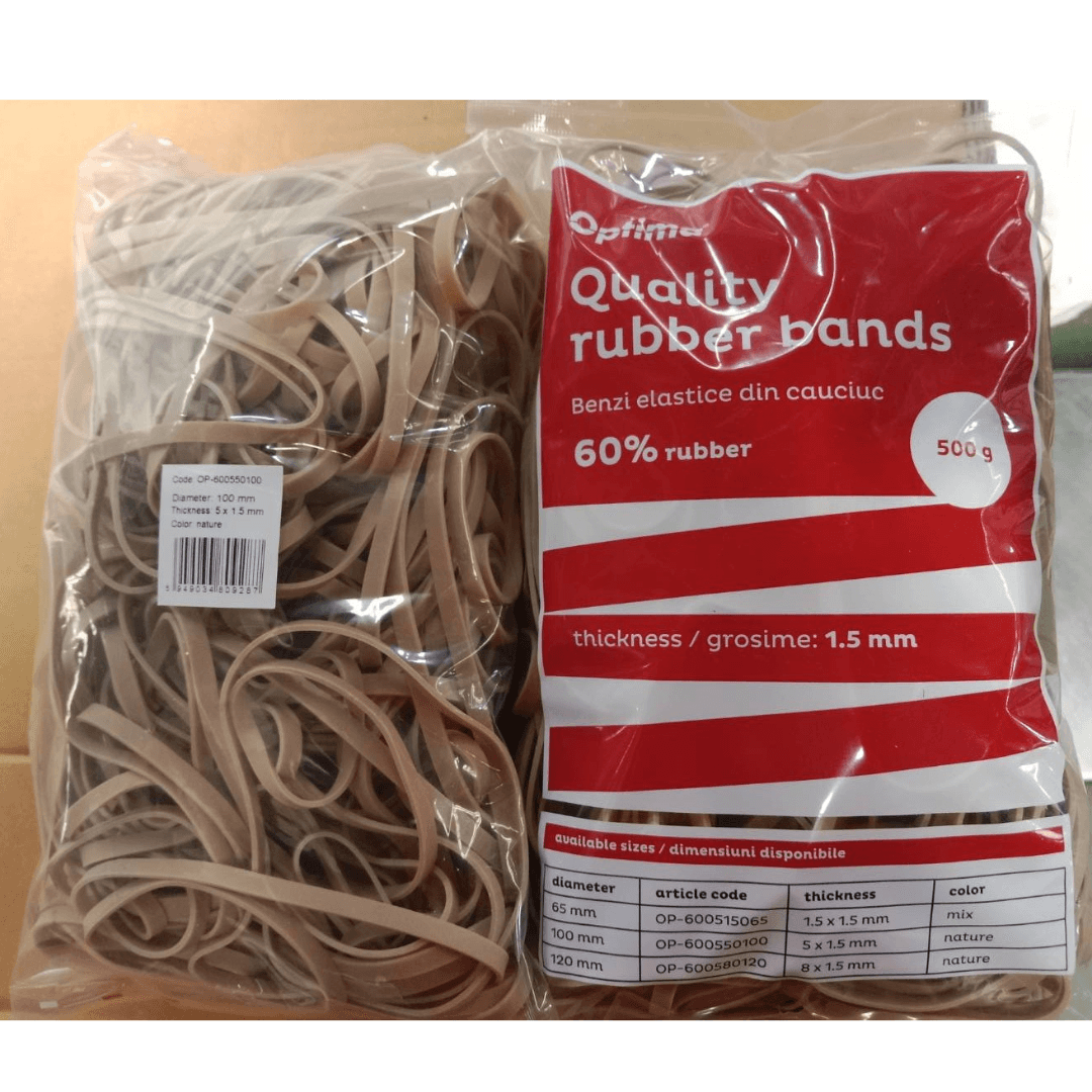 Elastice pentru bani, 60% cauciuc, 500gr./punga, D100, grosime 5mm x 1.5mm, Optima - natural