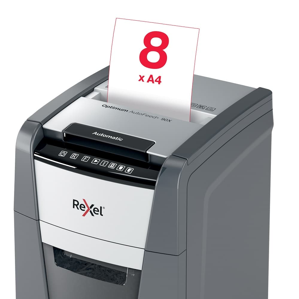 Distrugator documente automat REXEL OPTIMUM 90X, P4, cross-cut (confeti), 90 coli, cos 34l, negru-g