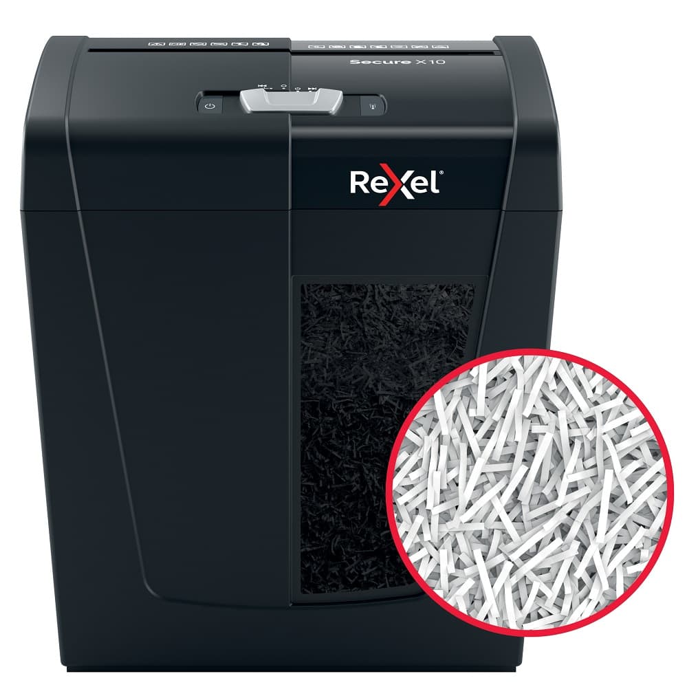 Distrugator documente manual REXEL SECURE X10, P4, cross-cut (confeti), 10 coli, 18l, negru