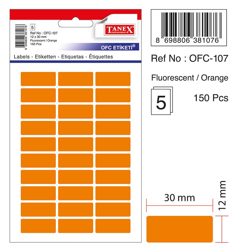 Etichete autoadezive color, 12 x 30 mm, 150 buc/set, TANEX - orange fluorescent