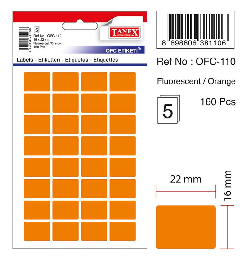 Etichete autoadezive color, 16 x 22 mm, 160 buc/set, TANEX - orange fluorescent