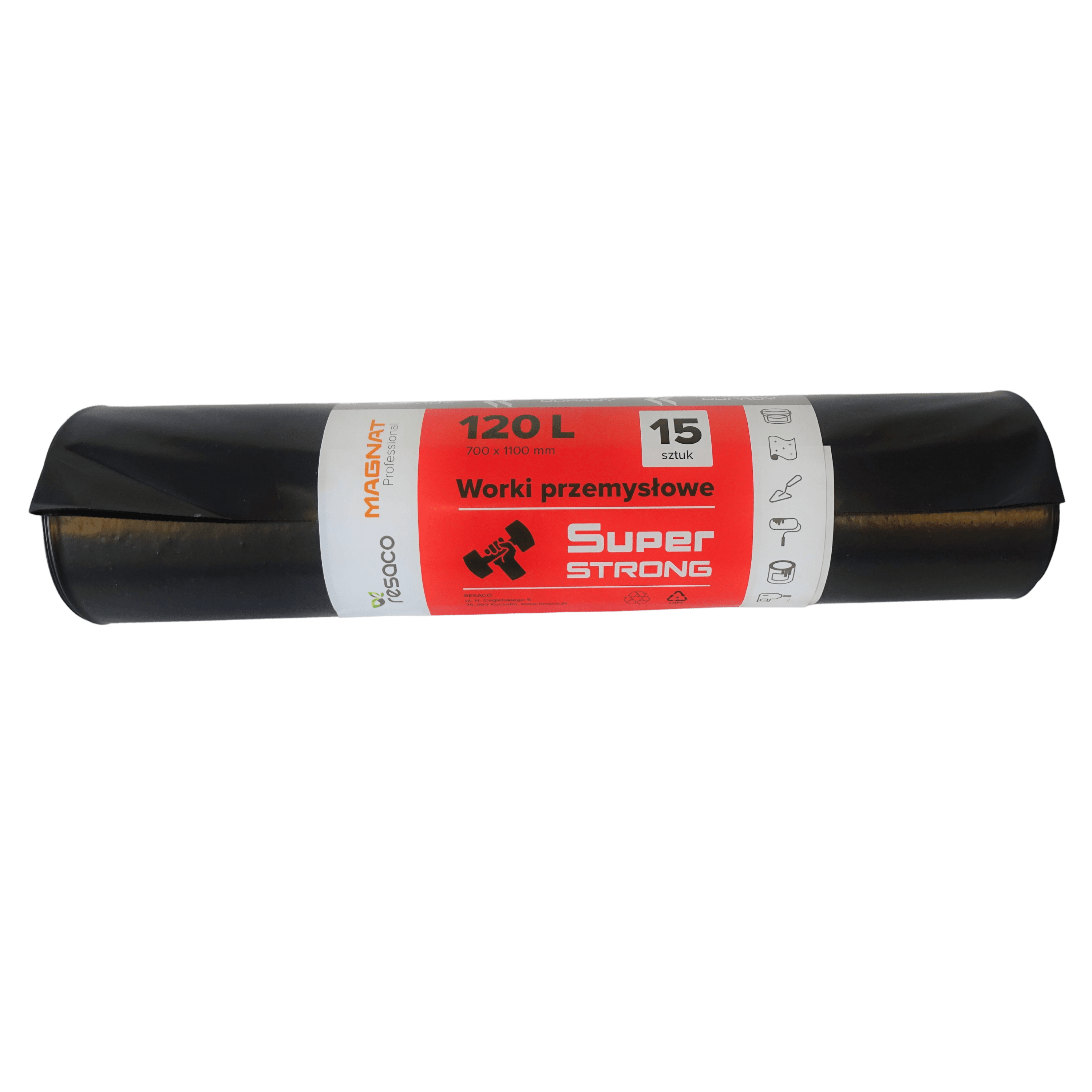 Saci plastic reciclat, super rezistenti, 120L, 70x110cm, 65 microni, 15buc/rola, Resaco - negri