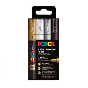 Marker UNI Posca PC-1M, varf rotund, 0.7mm, set 4 culori (negru, argintiu, auriu, alb)
