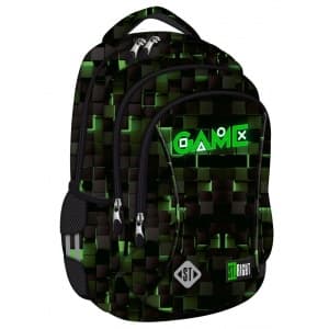 Ghiozdan St.Majewski St.Right Green Game, 44cm, 3 compartimente, negru cu verde