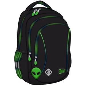 Ghiozdan St.Majewski St.Right Green Power - Alien, 39cm, 3 compartimente, negru cu verde