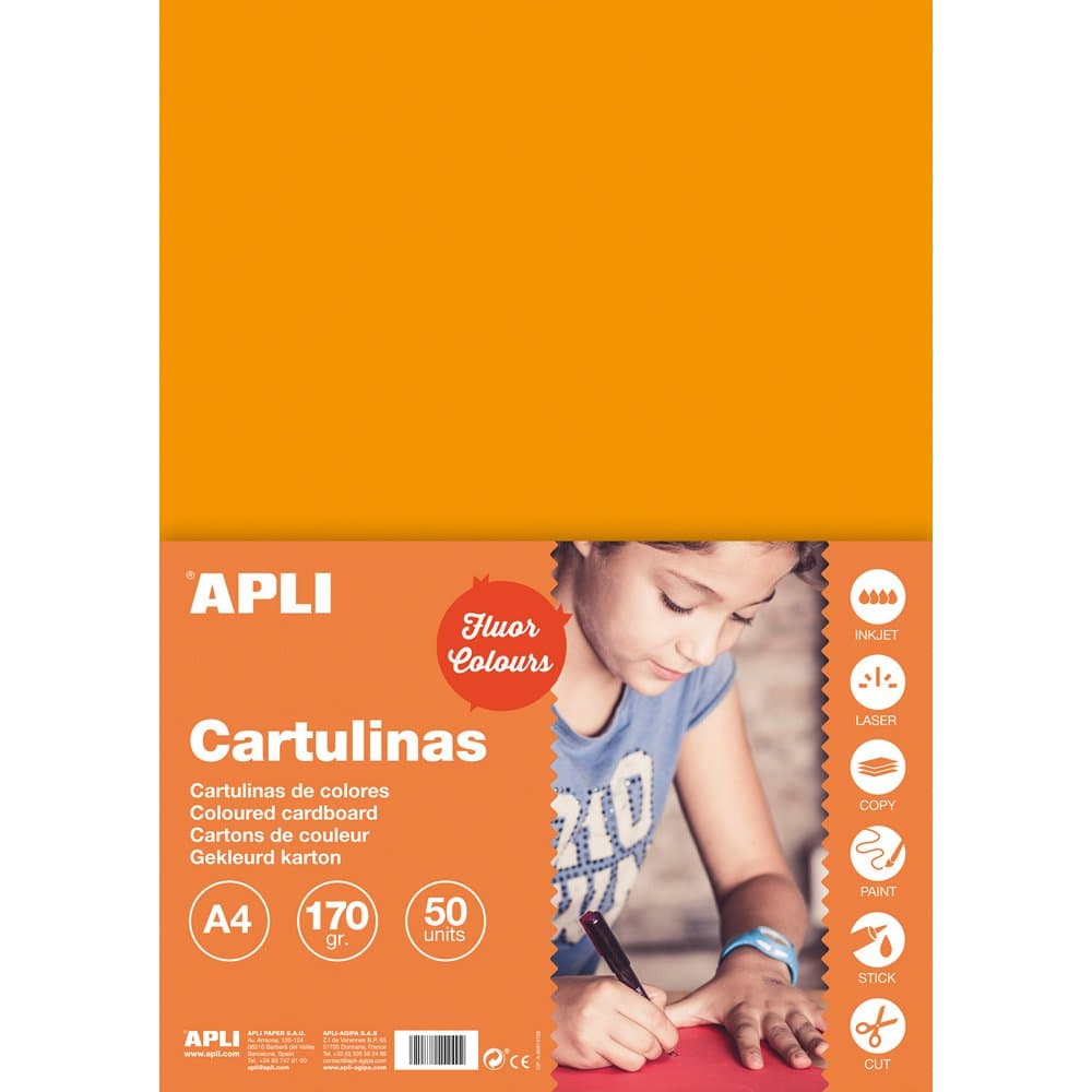 Carton color, Apli, A4, 170 g, 50 coli/top, portocaliu fluorescent