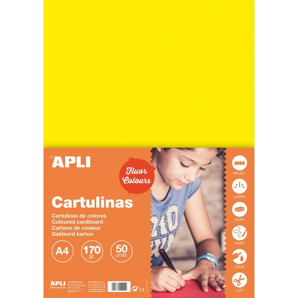 Carton color, Apli, A4, 170 g, 50 coli/top, galben fluorescent