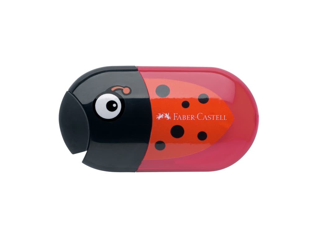 Ascuțitoare plastic dublă cu container și radieră buburuză Faber-Castell