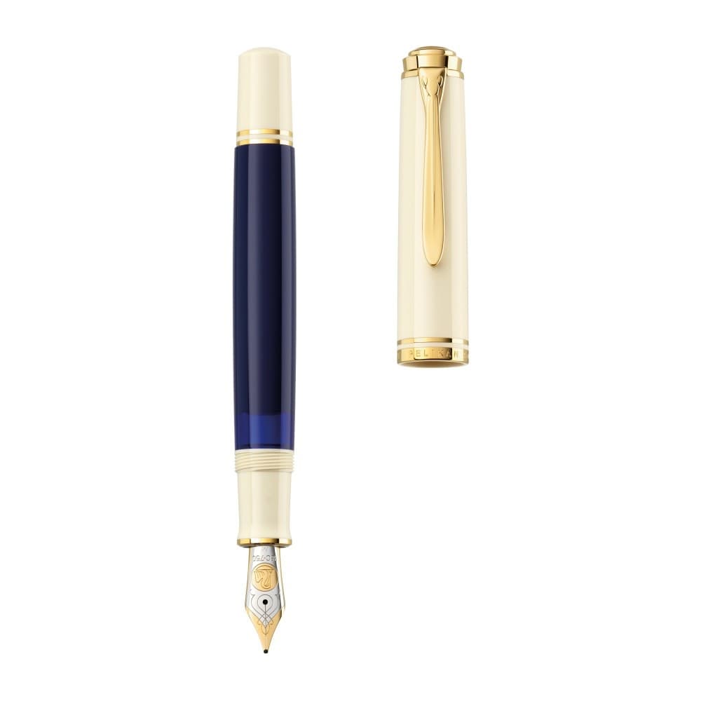 STILOU SOUVERAN M800 M CREAM BLUE PENITA AUR 18K+ACCESORII PLACATE AUR ALB-ALBASTRU CUTIE CADOU