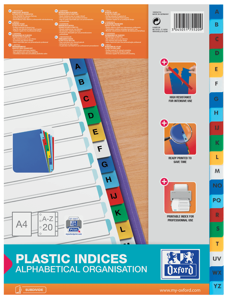 INDEX PLASTIC ALFABETIC OXFORD A4 A-Z 20F/SET ALB MARGINE COLOR